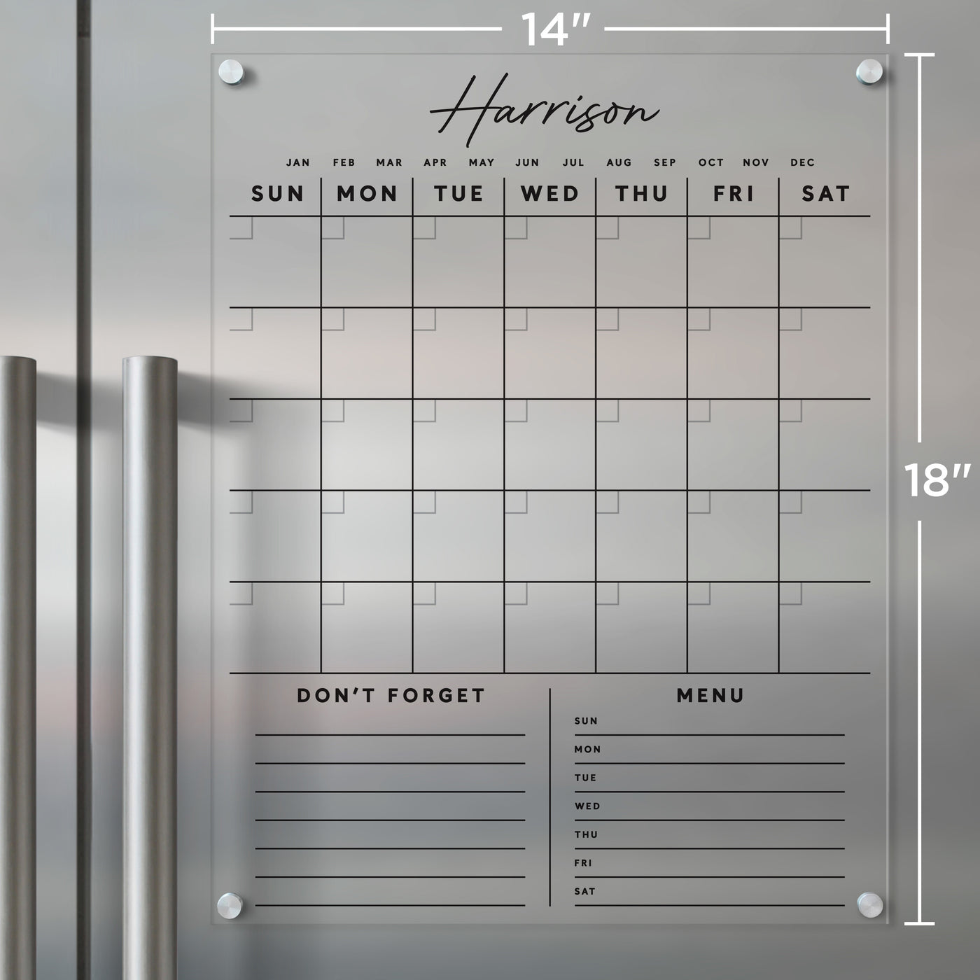 Clear Acrylic Monthly Fridge Calendar | Custom Family Name and Bottom Sections | Black Text