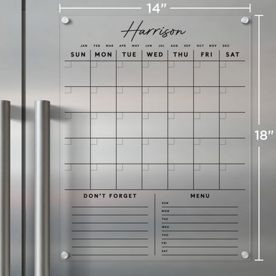 Clear Acrylic Monthly Fridge Calendar | Custom Family Name and Bottom Sections | Black Text