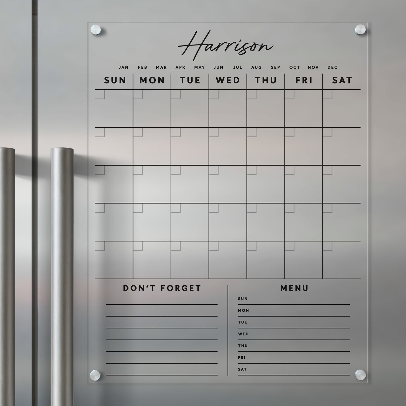 Clear Acrylic Monthly Fridge Calendar | Custom Family Name and Bottom Sections | Black Text