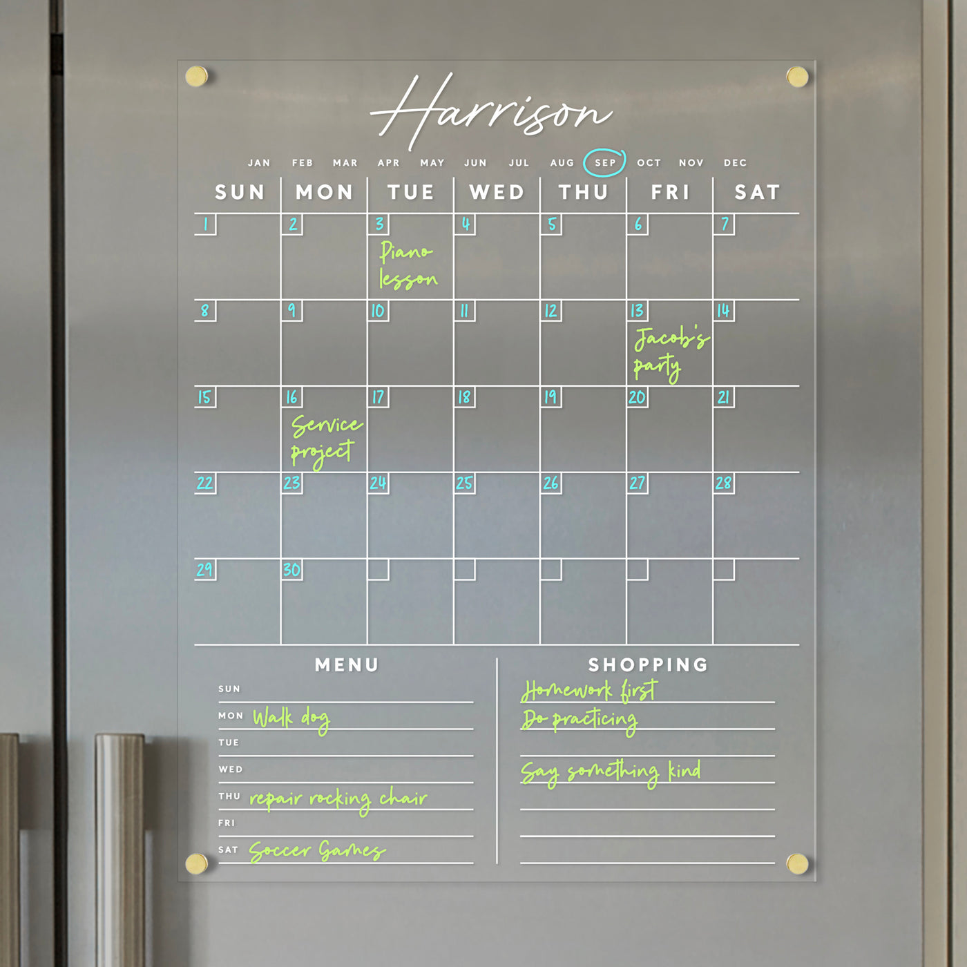 Clear Acrylic Monthly Fridge Calendar | Custom Family Name and Bottom Sections