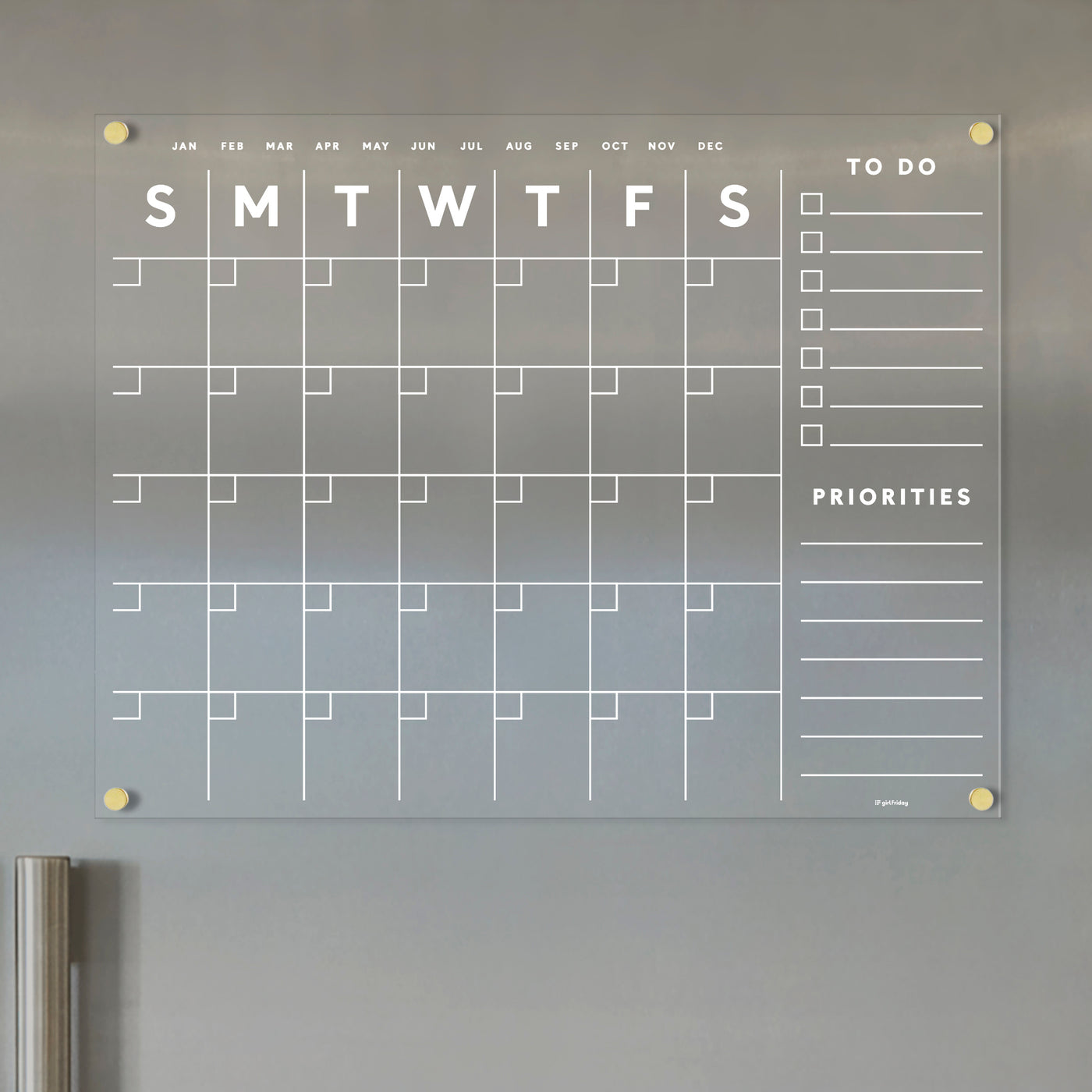 Clear Acrylic Monthly Fridge Calendar  | Customizable side sections | White Text