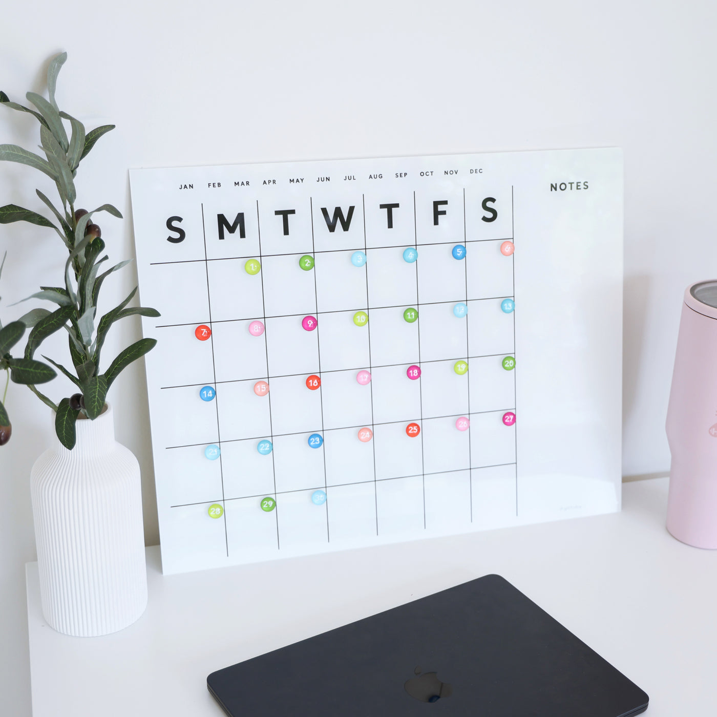 White Acrylic Monthly Calendar | Notes on Side | Mount Free