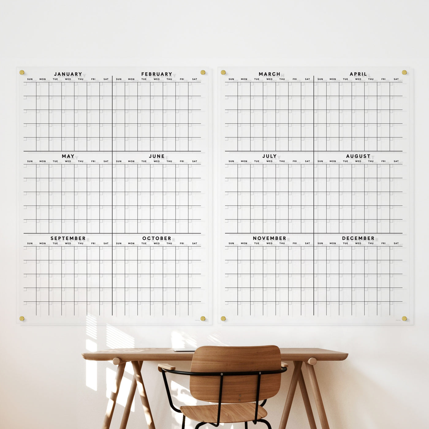 Yearly dry erase acrylic calendar with 12 months | Annual at a glance board | 4 hardware each board