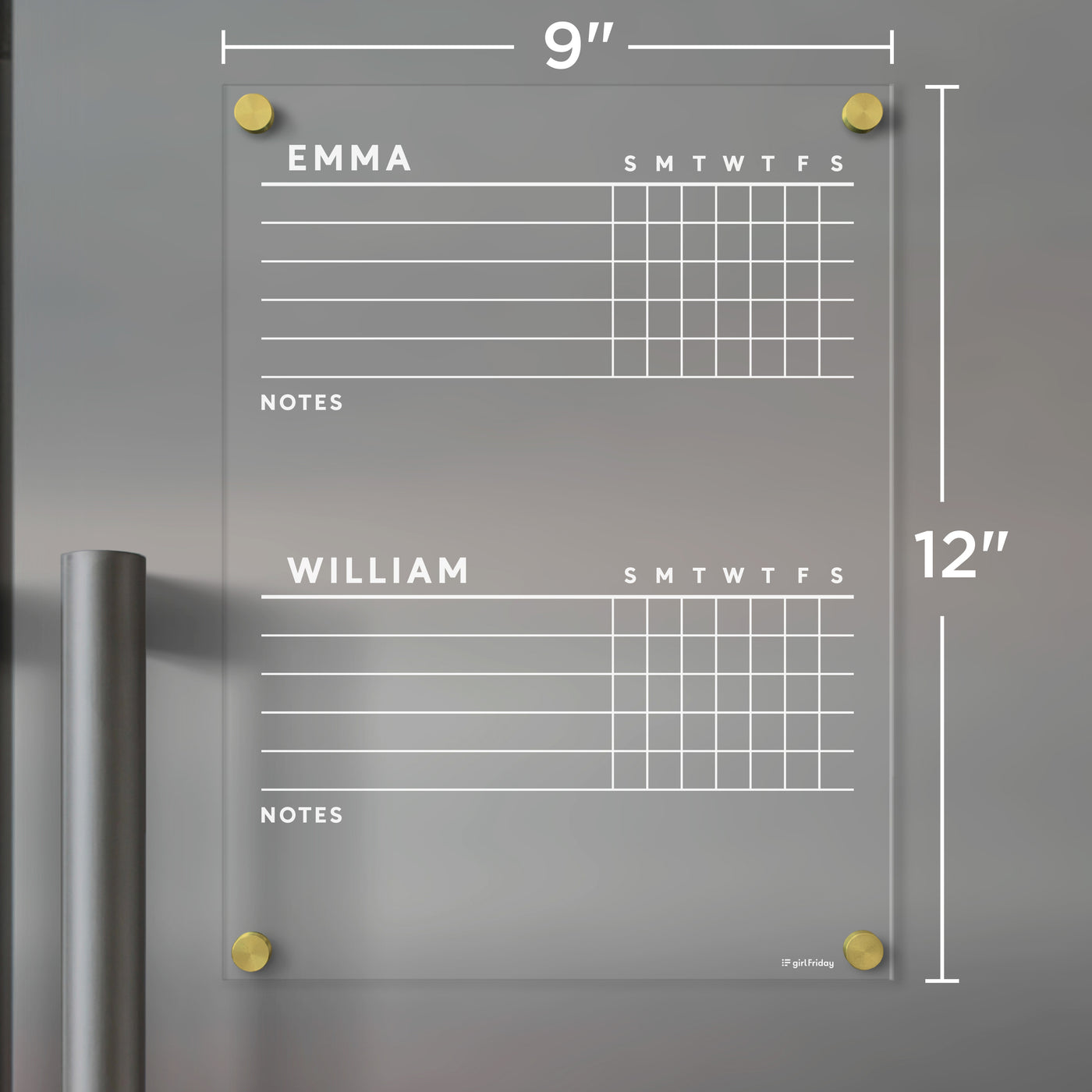 Acrylic Fridge Chore Chart for 2 children | White Text