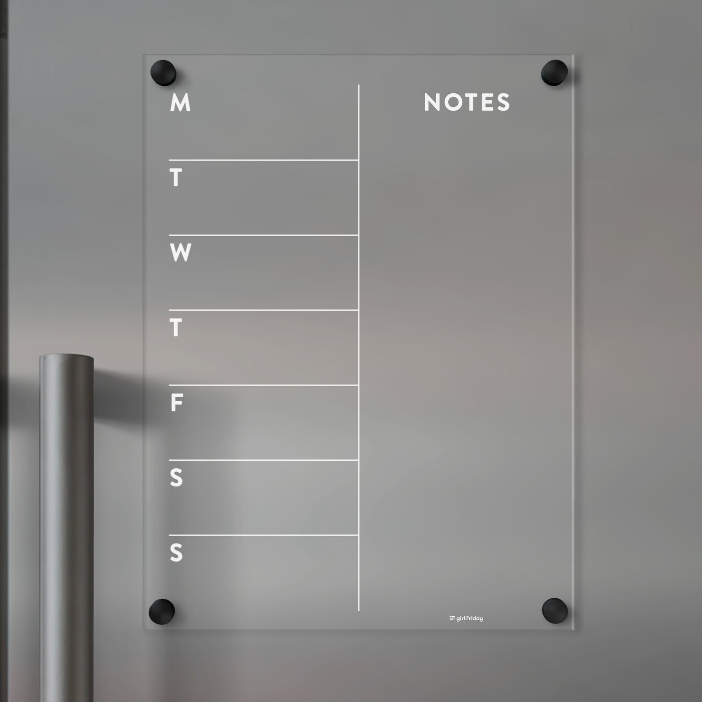 Acrylic Fridge Calendar with week and notes | WHITE text