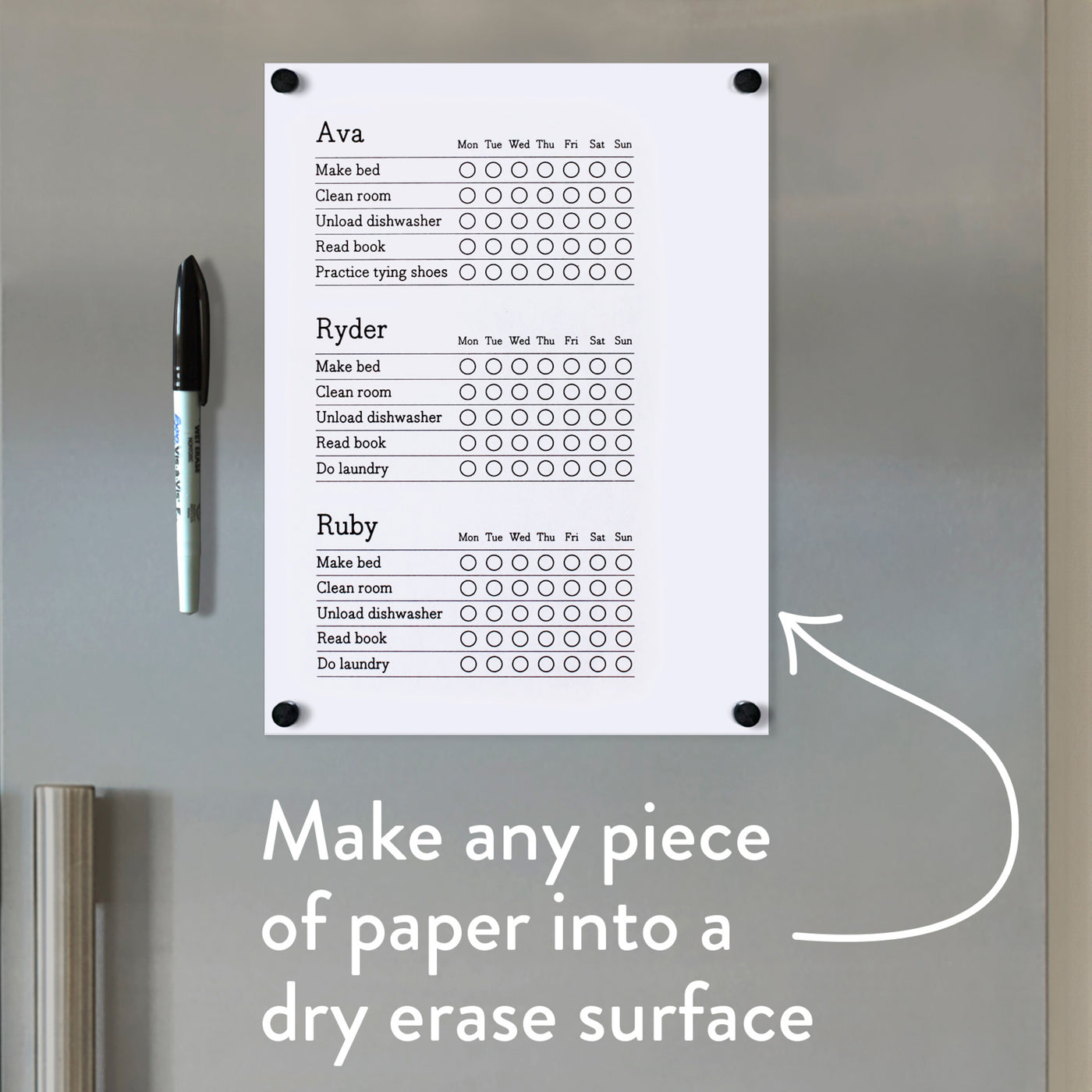 Magnetic Chore Chart cover - a magnetic dry erase clear cover for paper chore charts or other lists!