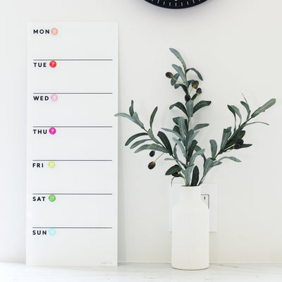 White Acrylic Dry Erase Weekly Calendar | Vertical | Mount Free